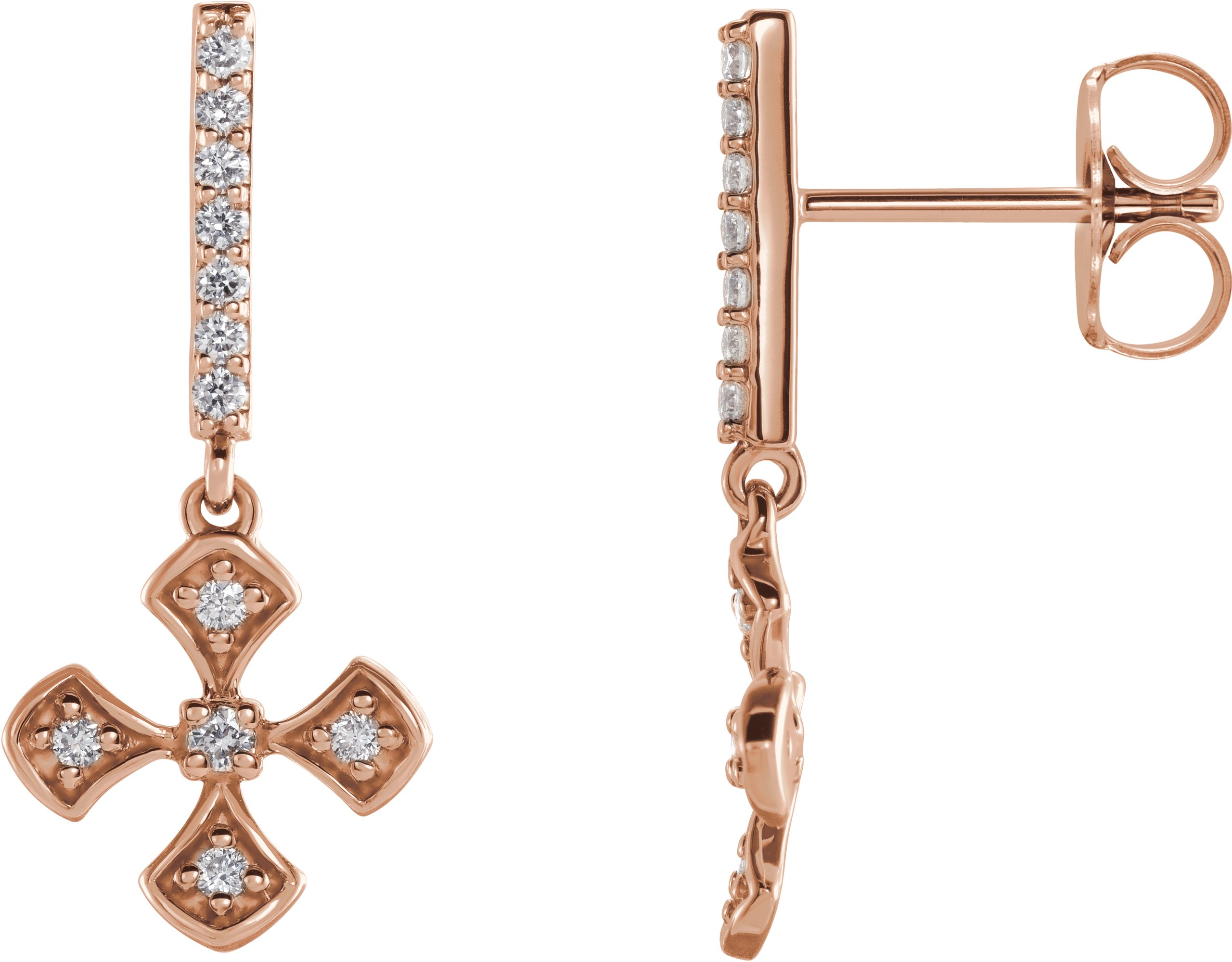 14K Rose 1/5 CTW Diamond Cross Dangle Earrings