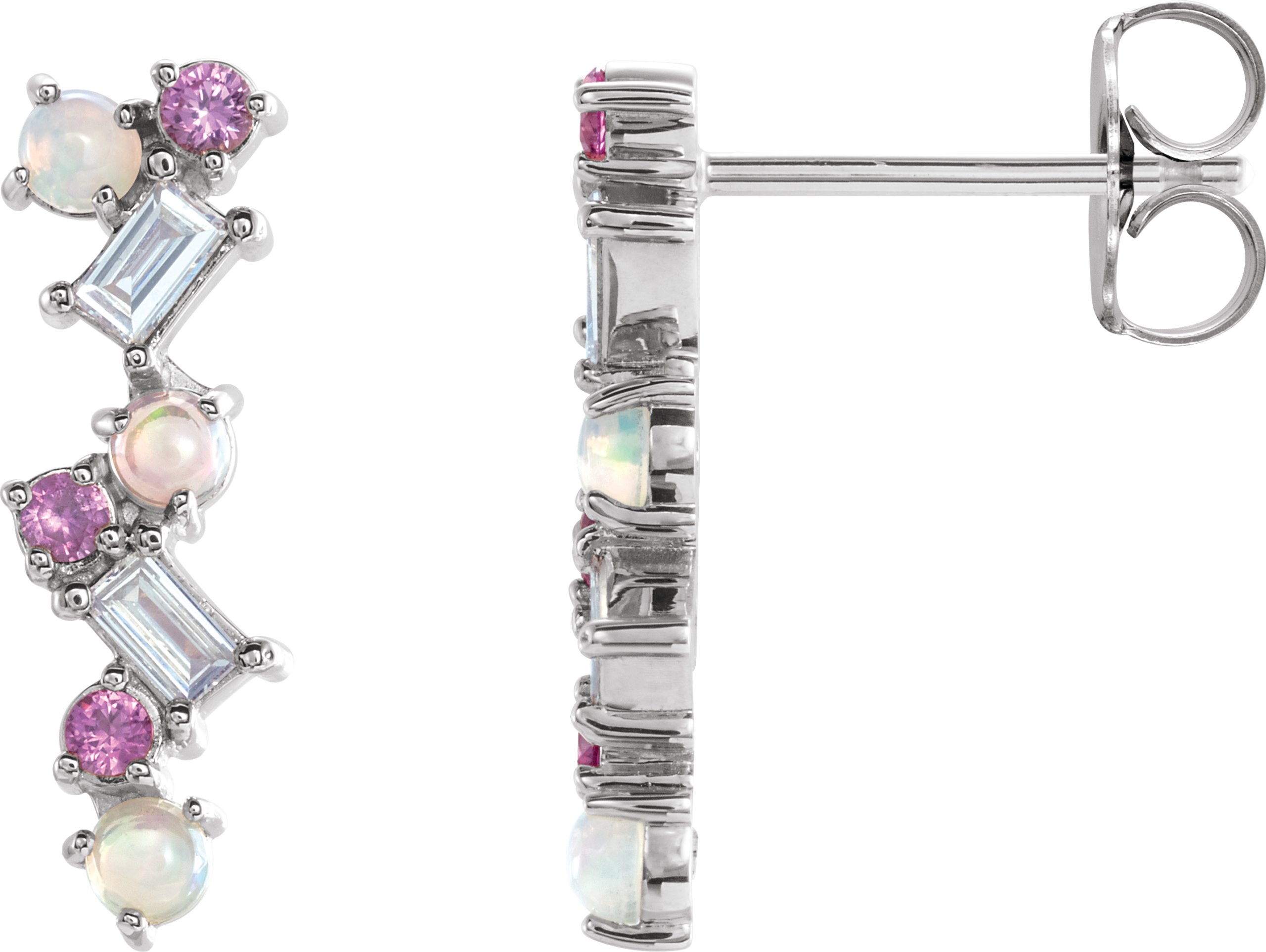 14K White Ethiopian Opal, Pink Sapphire & 1/10 CTW Diamond Scattered Bar Earrings