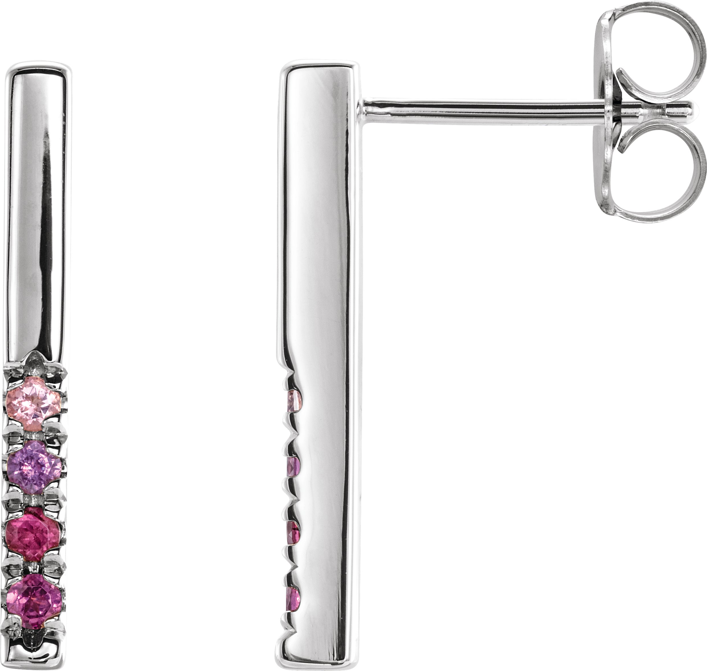 14K White Natural Pink Multi-Gemstone French-Set Bar Earrings