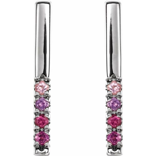 14K White Natural Pink Multi-Gemstone French-Set Bar Earrings