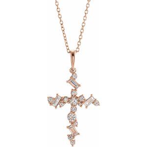14K Rose 1/2 CTW Natural Diamond Scattered Cross 16-18" Necklace