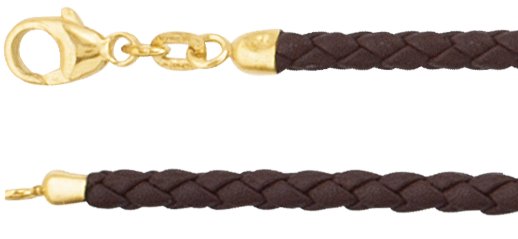 Brown 3 mm Braided Leather 16" Cord with 14K Yellow Lobster Clasp