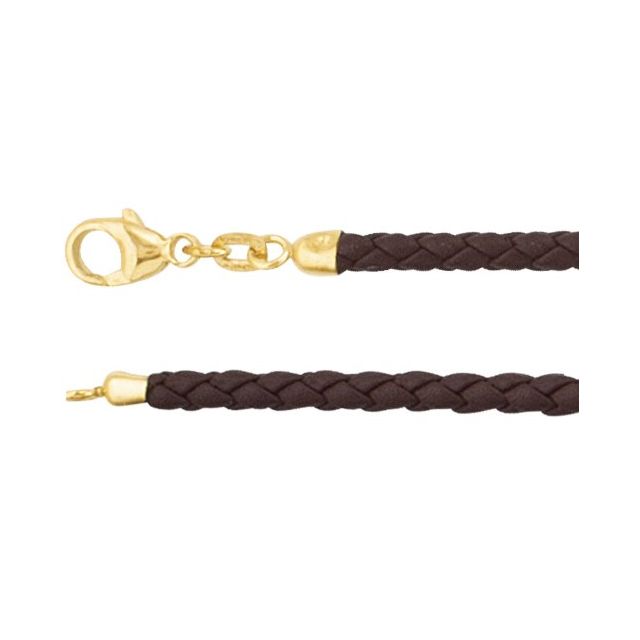 Brown 3 mm Braided Leather 18 Cord with 14K Yellow Lobster Clasp