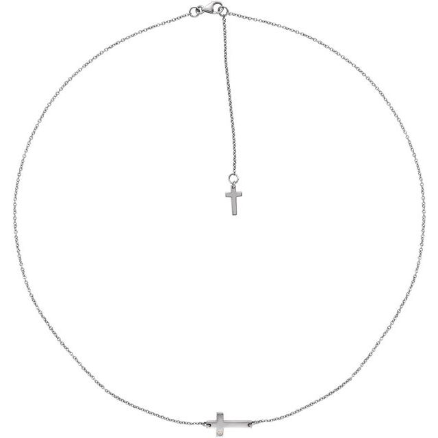 14K White 1/10 CT Diamond Sideways Cross Necklace