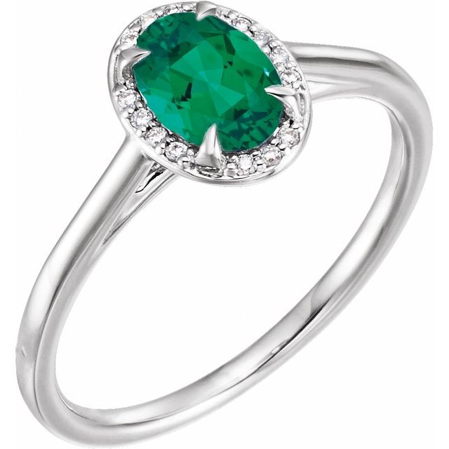 14K White 7x5 mm Lab-Grown Emerald & .03 CTW Natural Diamond Ring