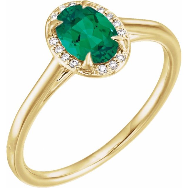 14K Yellow 7x5 mm Lab-Grown Emerald & .03 CTW Natural Diamond Ring
