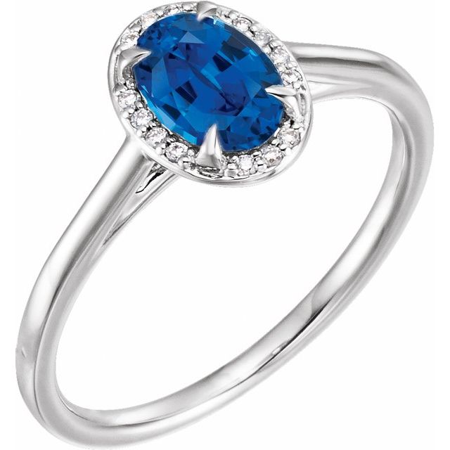 14K White 7x5 mm Lab-Grown Blue Sapphire & .03 CTW Natural Diamond Ring