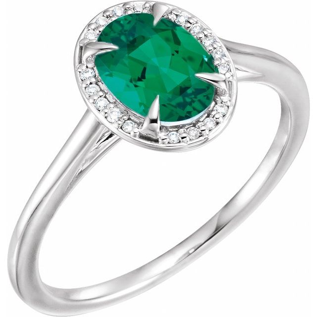 14K White 8x6 mm Lab-Grown Emerald & .04 CTW Natural Diamond Ring