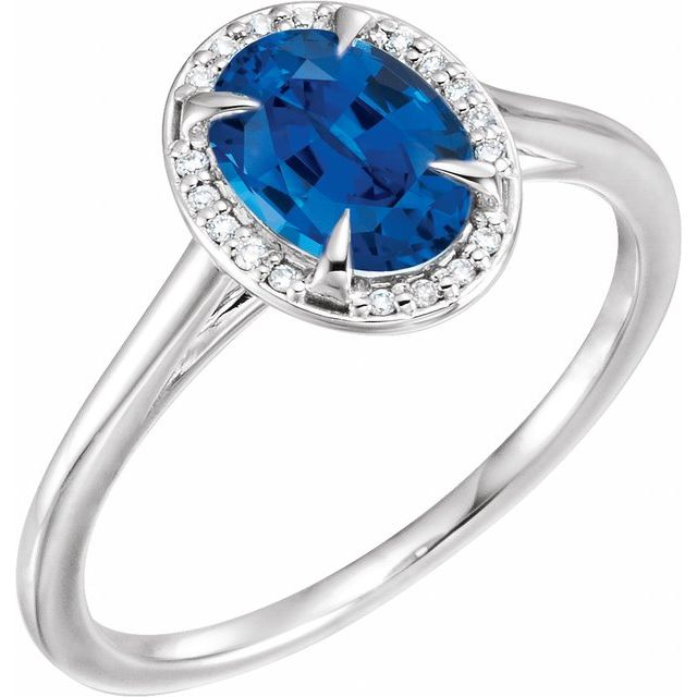 14K White 8x6 mm Lab-Grown Blue Sapphire & .04 CTW Natural Diamond Ring