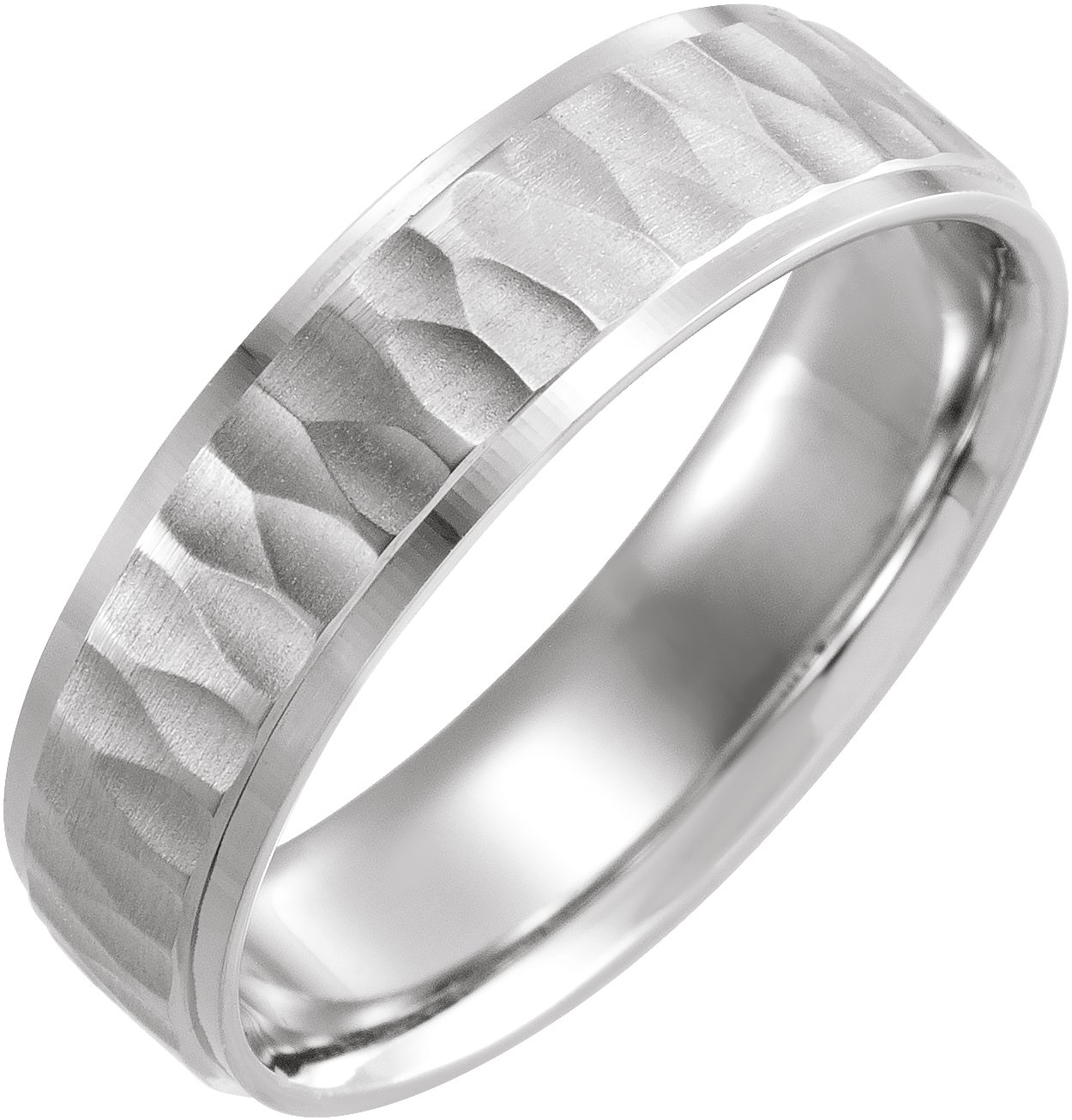 14K White 6 mm Step-Edge Band with Matte Hammered Textured Size 10