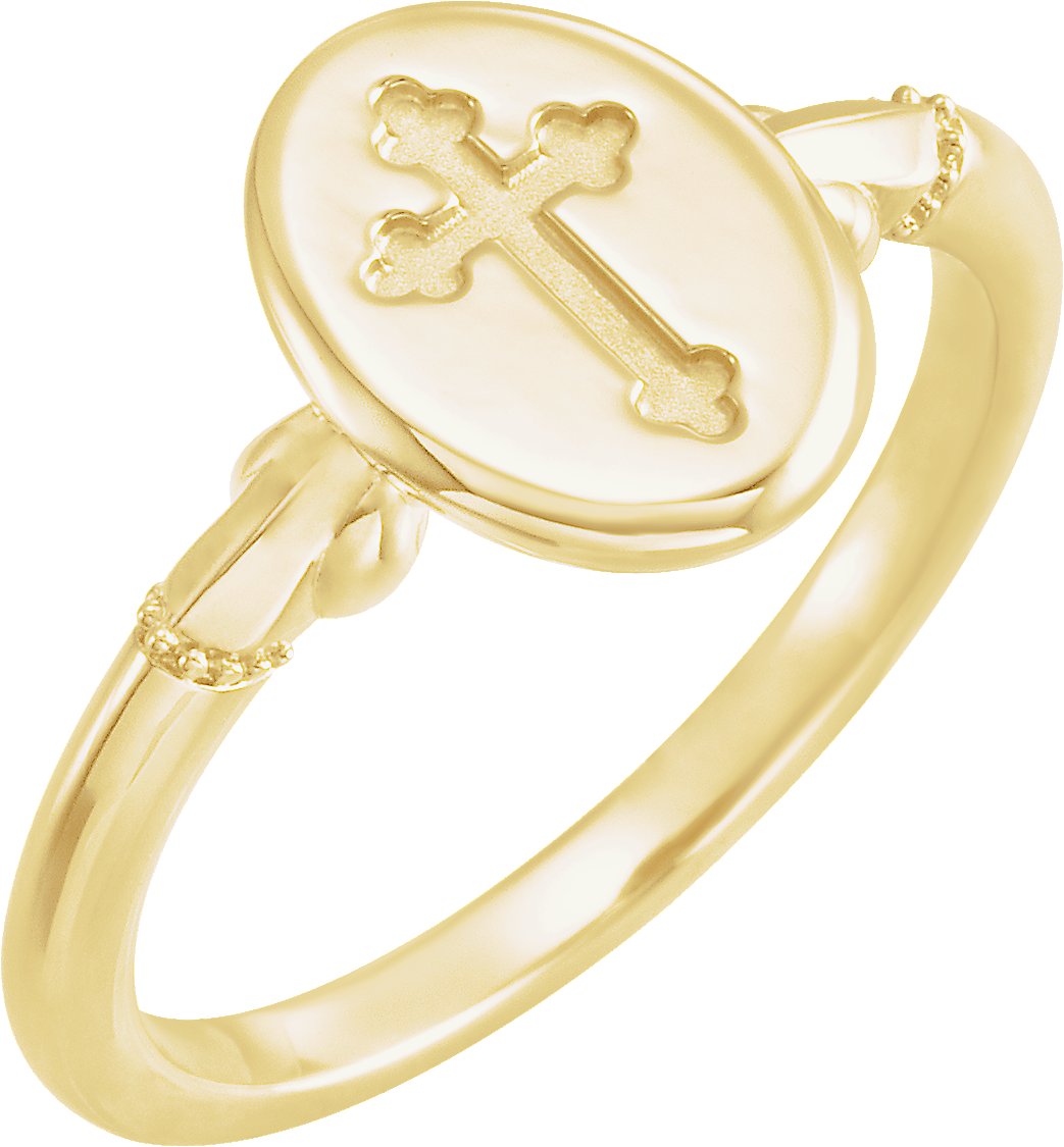 14K Yellow 11.5x8.8 mm Oval Cross Signet Ring