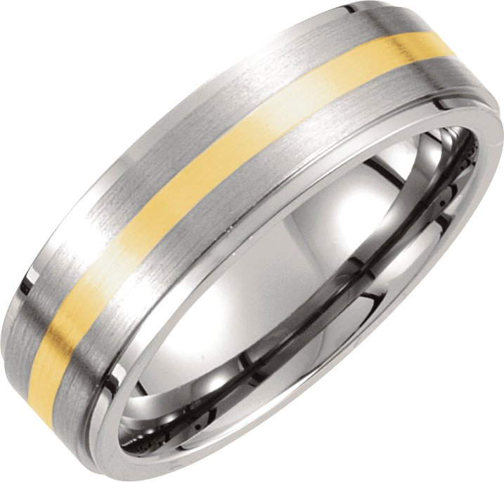 Titanium & 14K Yellow Inlay 7 mm Ridged & Satin Finished Band Size 13