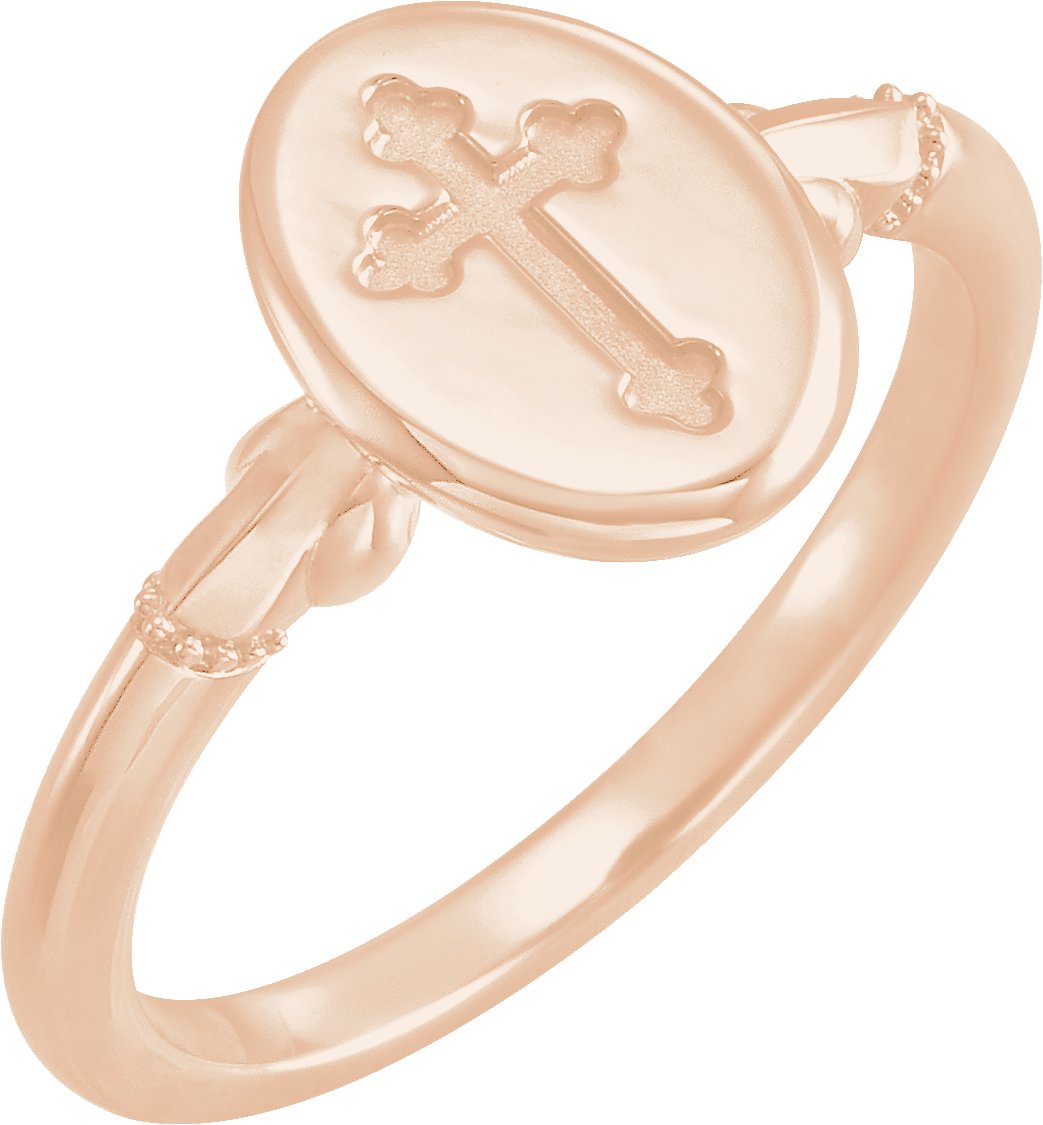 14K Rose 11.5x8.8 mm Oval Cross Signet Ring