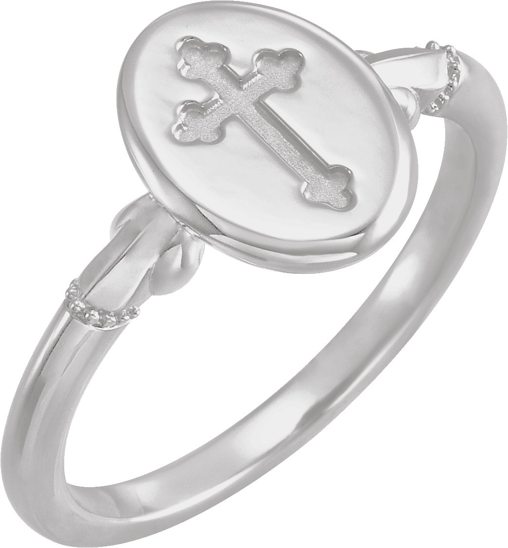 14K White 11.5x8.8 mm Oval Cross Signet Ring