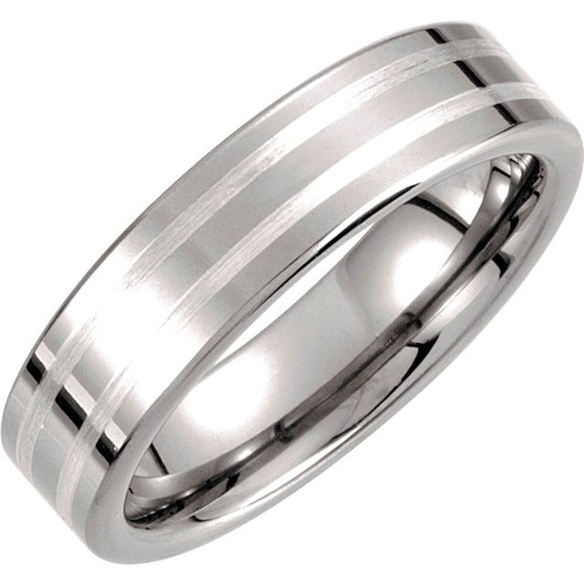 Tungsten 6 mm Flat Band with Sterling Silver Inlay Size 7.5  