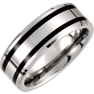 Tungsten 8.3 mm Beveled Domed Band with Black Enamel Size 10.5