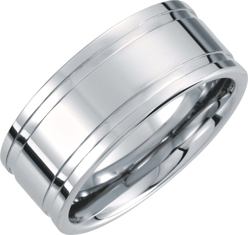 White Tungsten 10 mm Grooved Flat Ridged Band Size 9.5