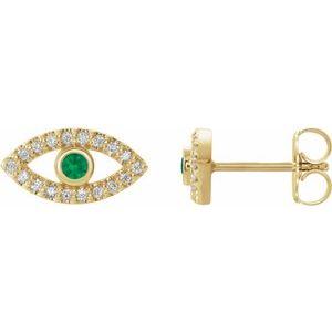 14K Yellow Natural Emerald & Natural White Sapphire Semi-Set Evil Eye Earrings
