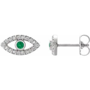 14K White Natural Emerald & Natural White Sapphire Semi-Set Evil Eye Earrings