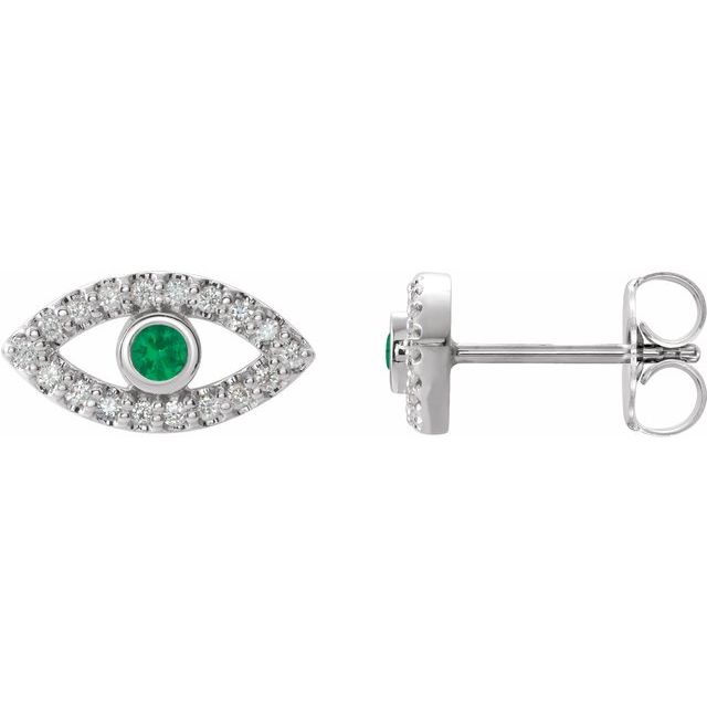14K White Natural Emerald & Natural White Sapphire Evil Eye Earrings