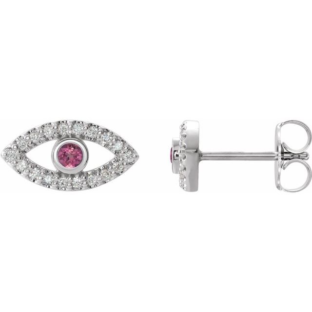 Sterling Silver Natural Pink Tourmaline & Natural White Sapphire Evil Eye Earrings