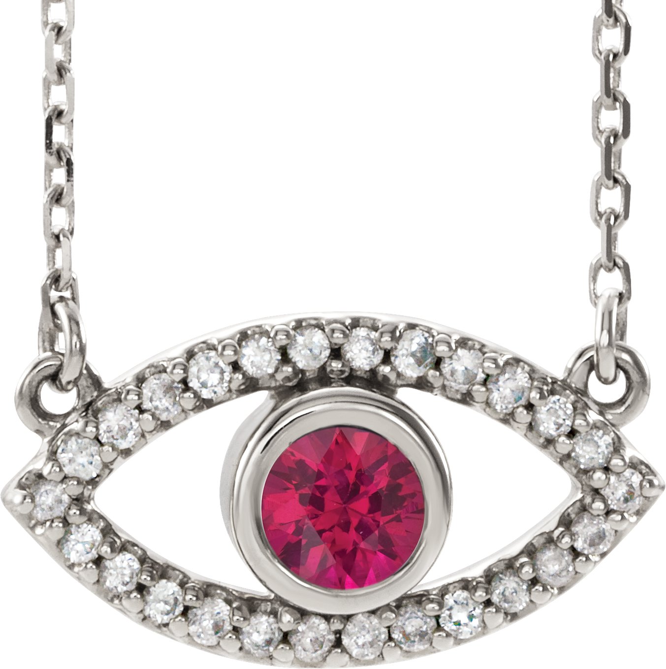 14K White Chatham Created Ruby and White Sapphire Evil Eye 18 inch Necklace Ref. 14901624