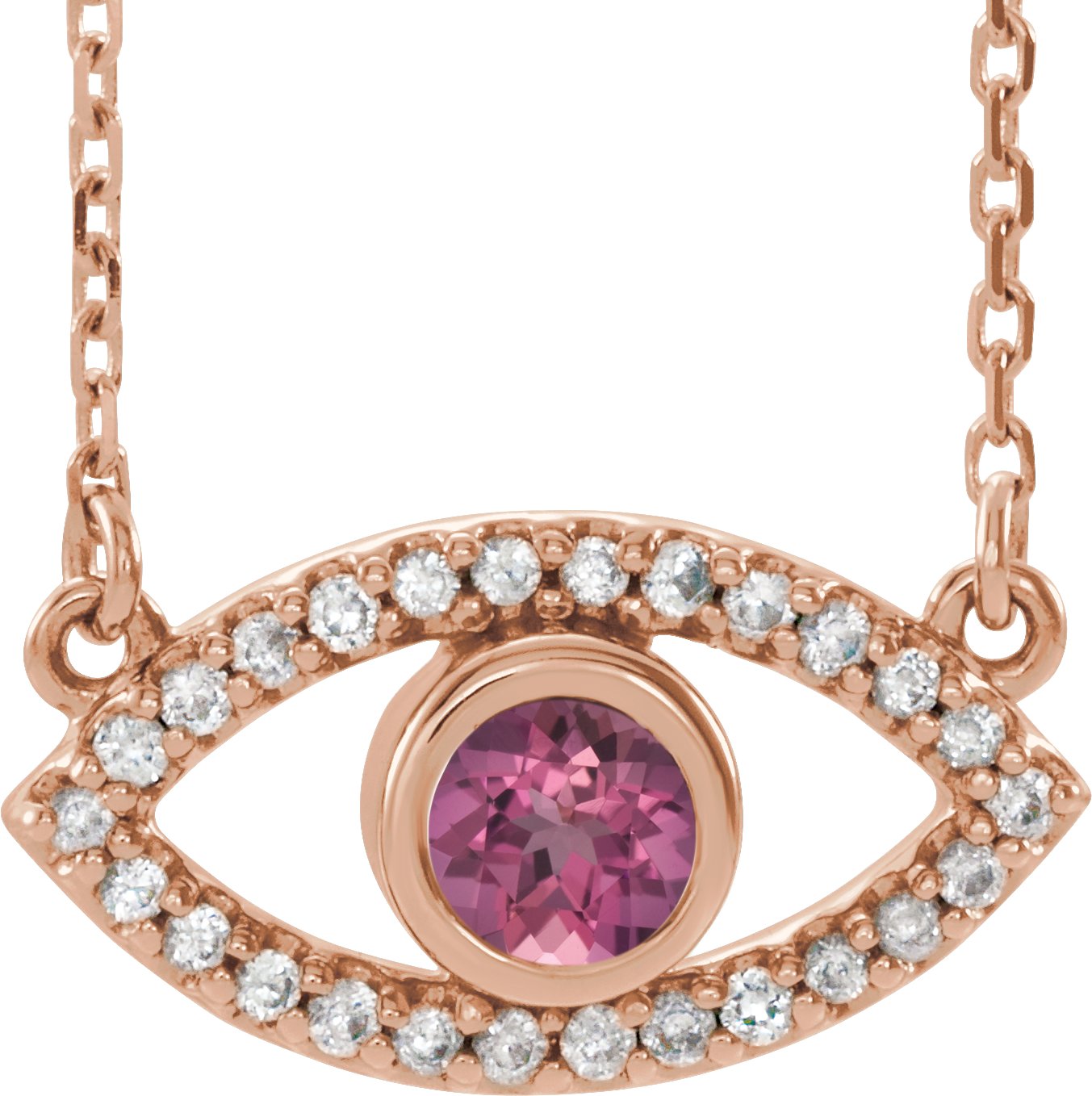 14K Rose Pink Tourmaline & White Sapphire Evil Eye 18" Necklace