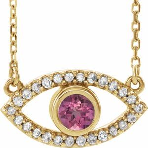 14K Yellow Pink Tourmaline & White Sapphire Evil Eye 16" Necklace