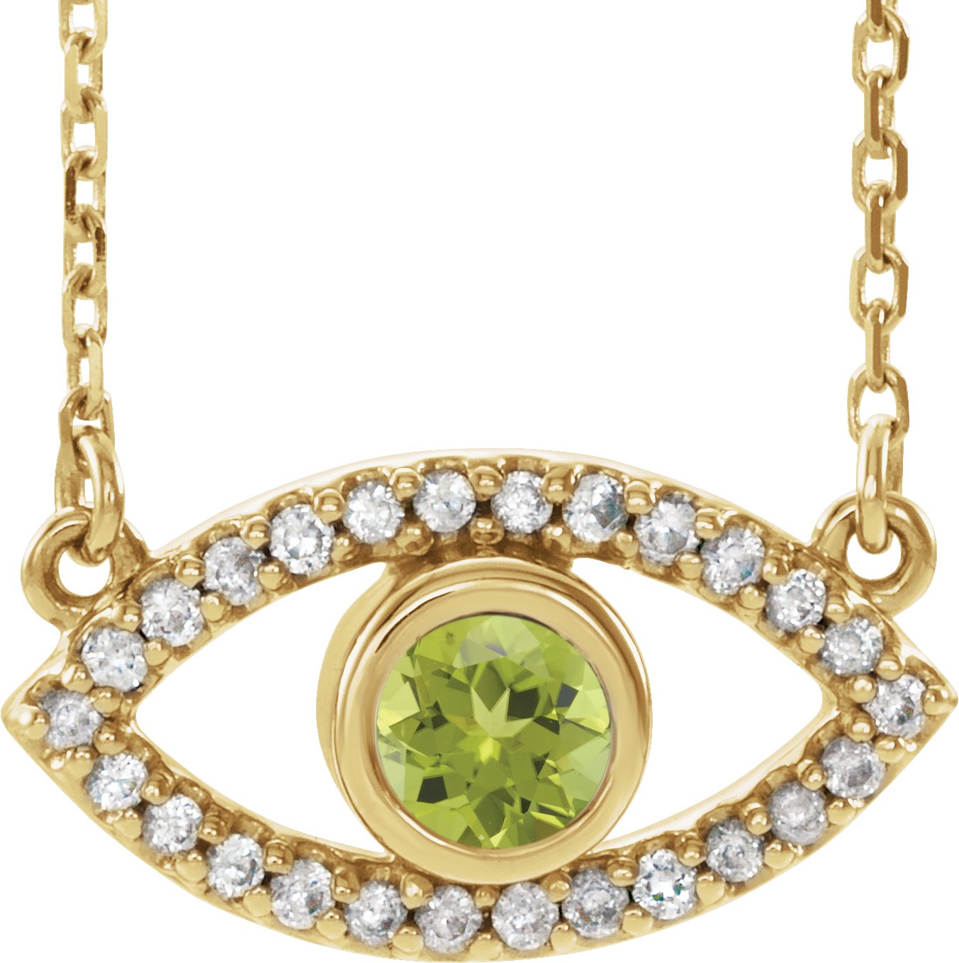 14K Yellow Natural Peridot & Natural White Sapphire Evil Eye 16" Necklace