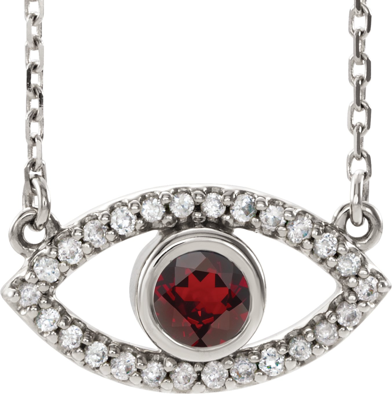 14K White Garnet Mozambique and White Sapphire Evil Eye 18 inch Necklace Ref. 14901670