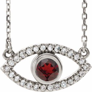 14K White Garnet Mozambique and White Sapphire Evil Eye 16 inch Necklace Ref. 14866523