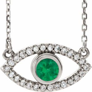 14K White Natural Emerald & Natural White Sapphire Evil Eye 18" Necklace