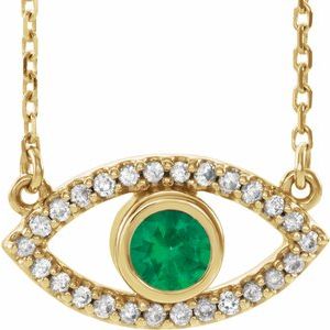 14K Yellow Natural Emerald & Natural White Sapphire Evil Eye 18" Necklace