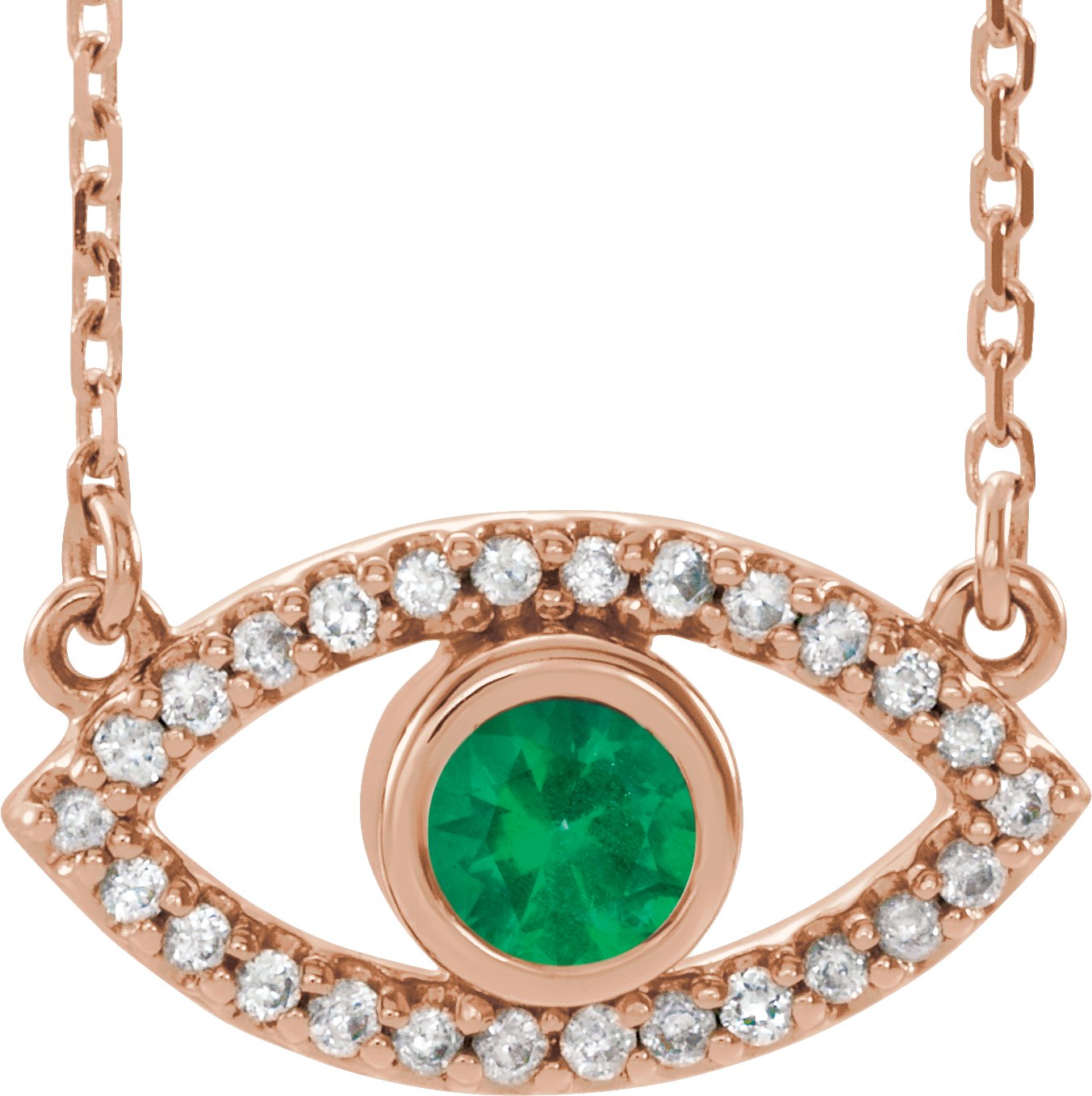 14K Rose Emerald and White Sapphire Evil Eye 18 inch Necklace Ref. 14901669