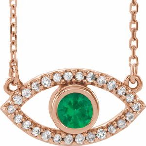 14K Rose Natural Emerald & Natural White Sapphire Evil Eye 18" Necklace