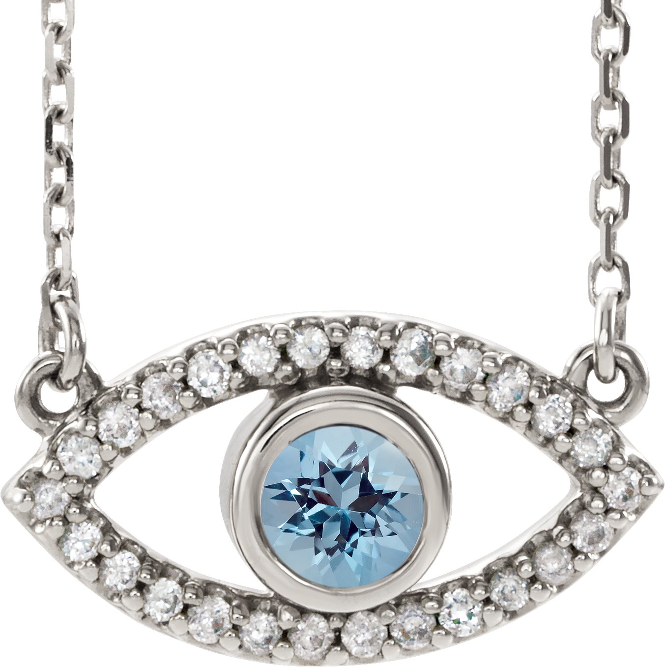 14K White Natural Aquamarine & Natural White Sapphire Evil Eye 16" Necklace