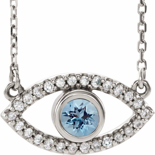 14K White Natural Aquamarine & Natural White Sapphire Evil Eye 16 Necklace