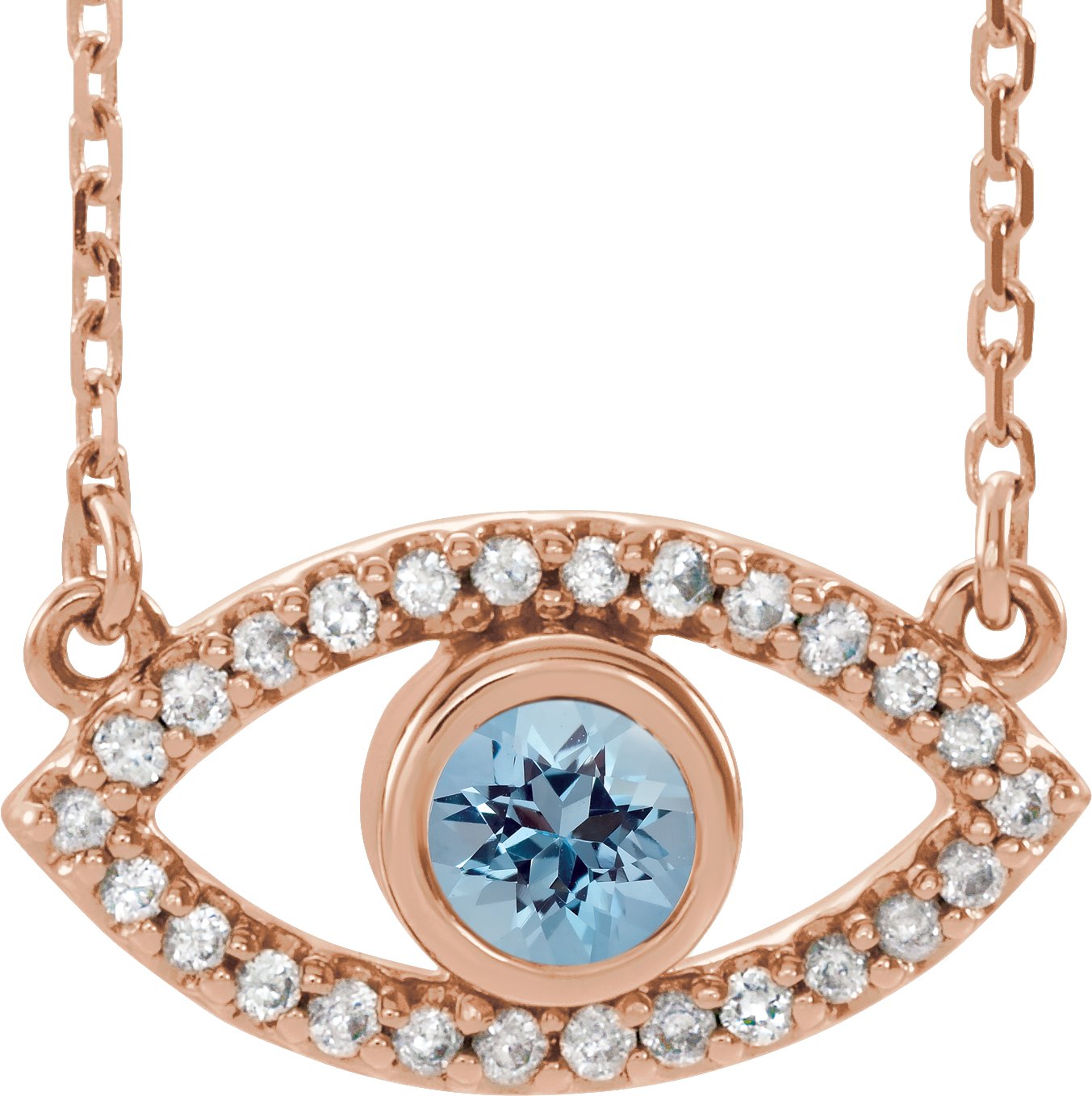14K Rose Aquamarine and White Sapphire Evil Eye 18 inch Necklace Ref. 14901667