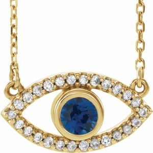 14K Yellow Chatham® Created Blue Sapphire & White Sapphire Evil Eye 16" Necklace