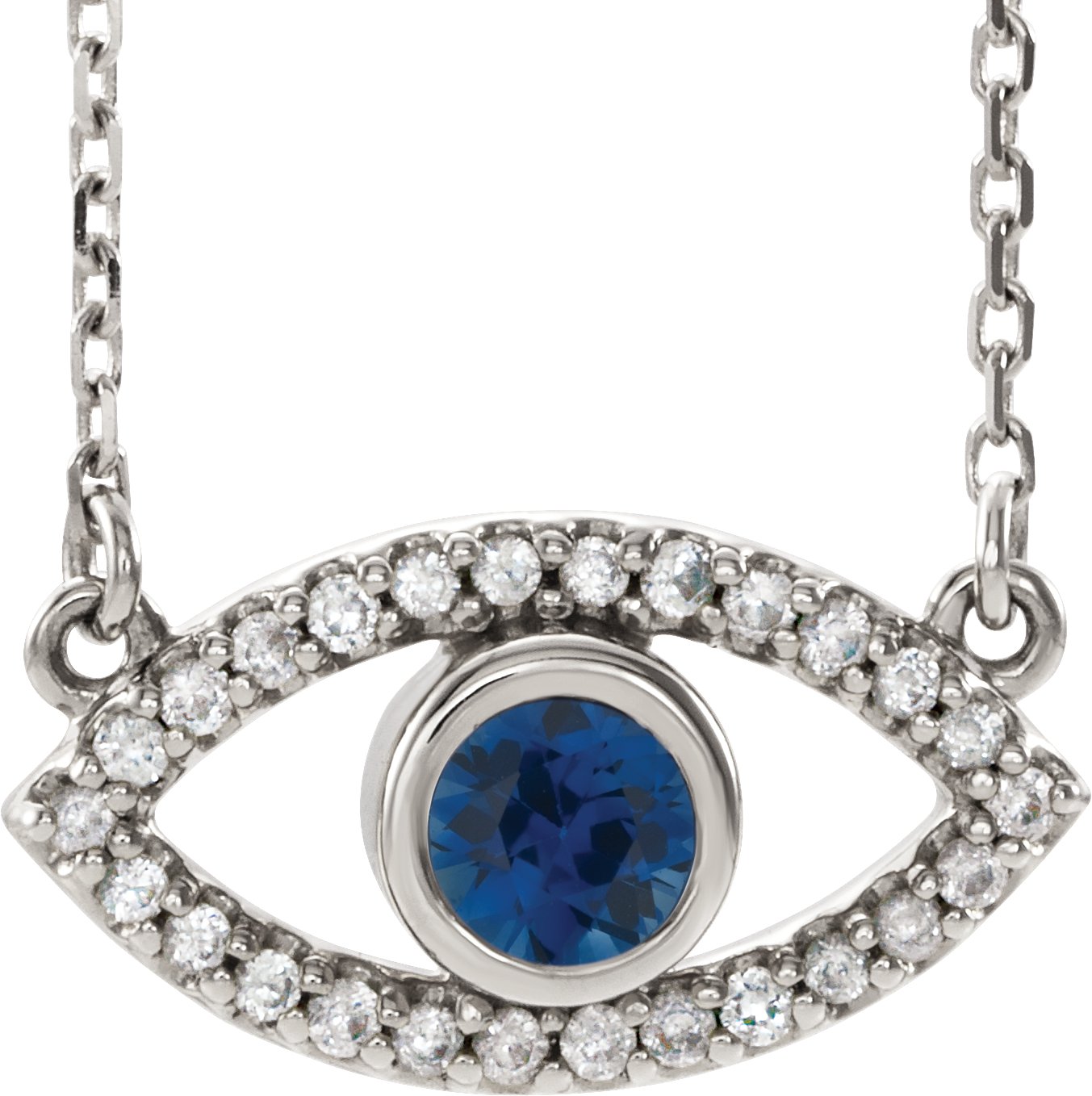 Sterling Silver Chatham Created Blue Sapphire and White Sapphire Evil Eye 16 inch Necklace Ref. 14866499