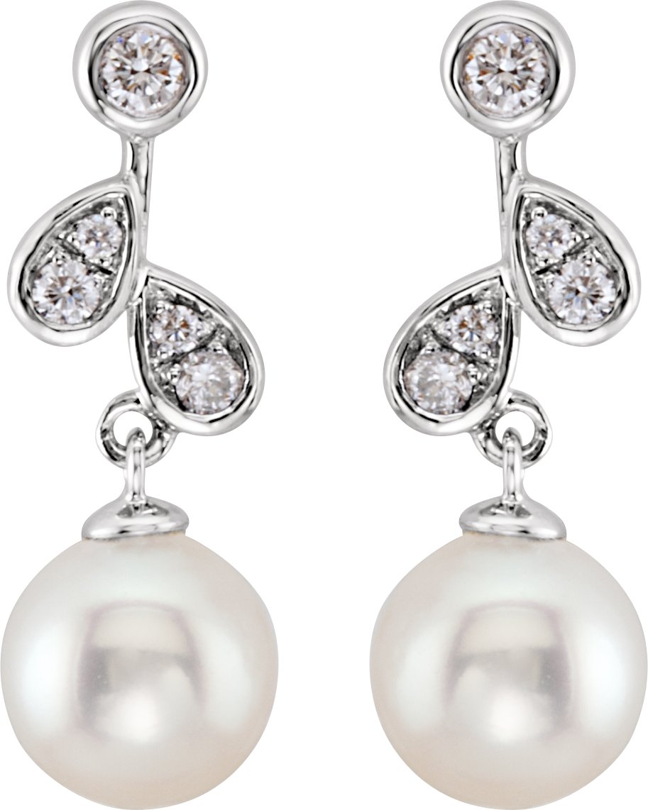 Alternative view of Cultured White Freshwater Pearl And 1/6 CTW Natural Diamond Earrings – 14K White Gold