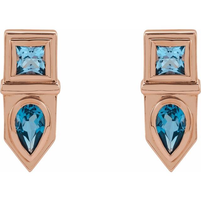 14K Rose Natural Blue Multi-Gemstone Geometric Bar Earrings