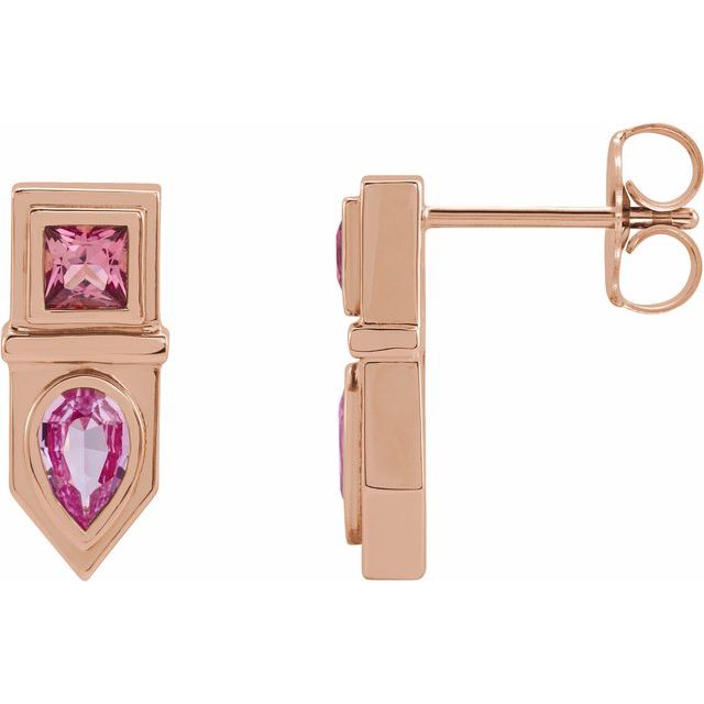 14K Rose Natural Pink Multi-Gemstone Geometric Bar Earrings