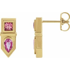 14K Yellow Pink Multi-Gemstone Geometric Bar Drop Earrings