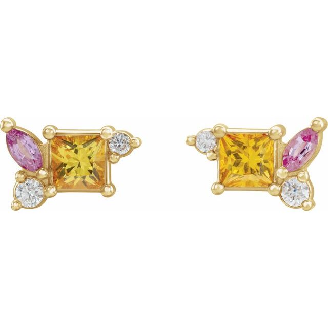 14K Yellow Natural Yellow Sapphire, Natural Pink Sapphire, & 1/8 CTW Natural Diamond Earrings