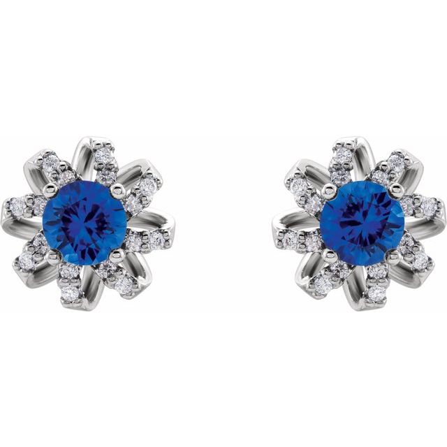 14K White Natural Blue Sapphire & 1/6 CTW Natural Diamond Halo-Style Earrings