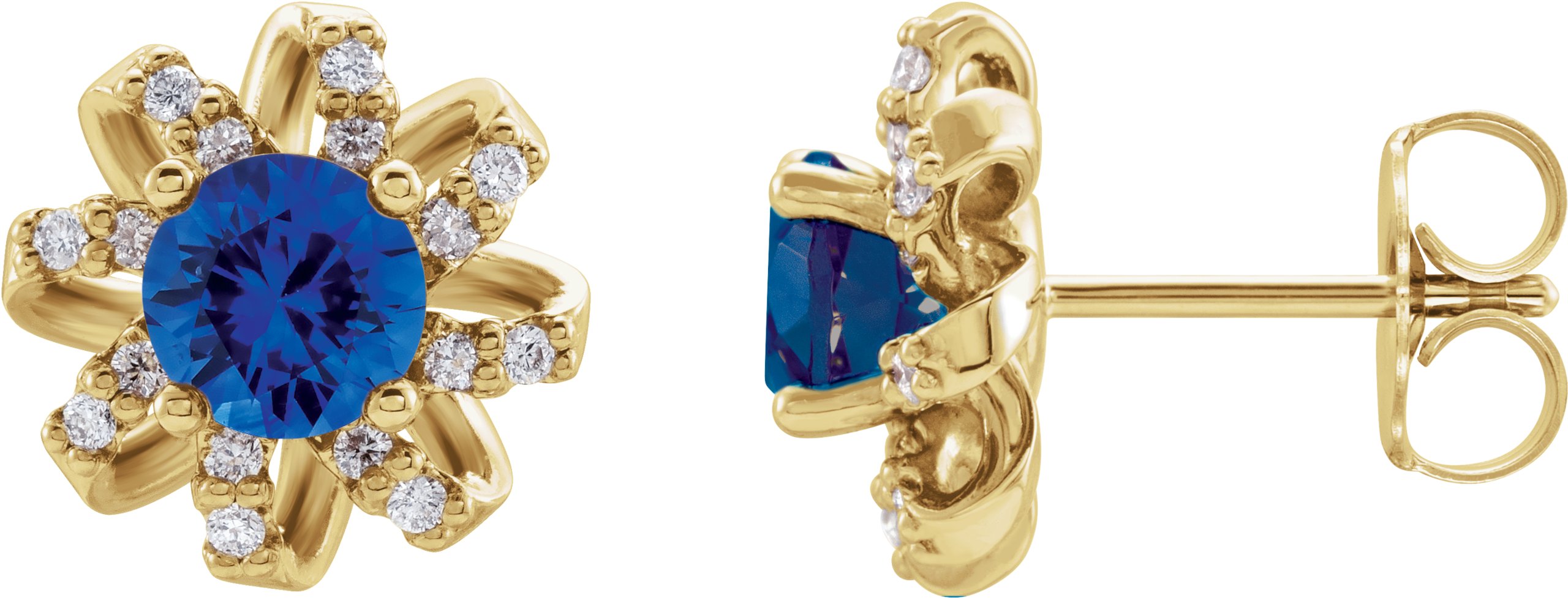 14K Yellow Chatham Created Blue Sapphire and .125 CTW Diamond Halo Style Earrings Ref 16635631