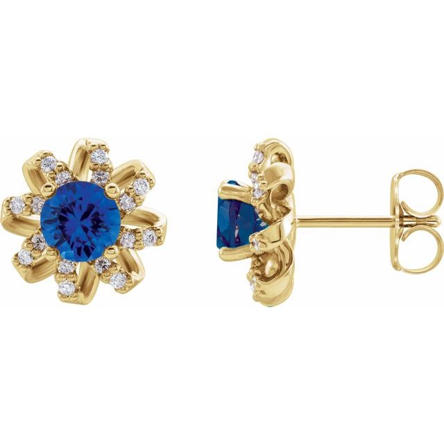 14K Yellow Lab-Grown Blue Sapphire & 1/6 CTW Natural Diamond Halo-Style Earrings