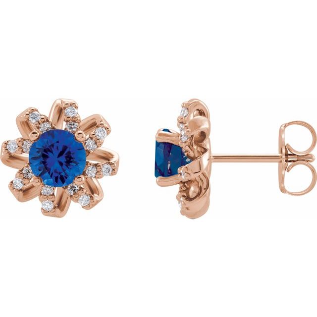 14K Rose Lab-Grown Blue Sapphire & 1/6 CTW Natural Diamond Halo-Style Earrings