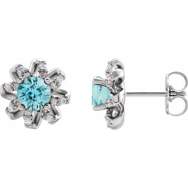 Sterling Silver Natural Blue Zircon & 1/6 CTW Natural Diamond Halo-Style Earrings